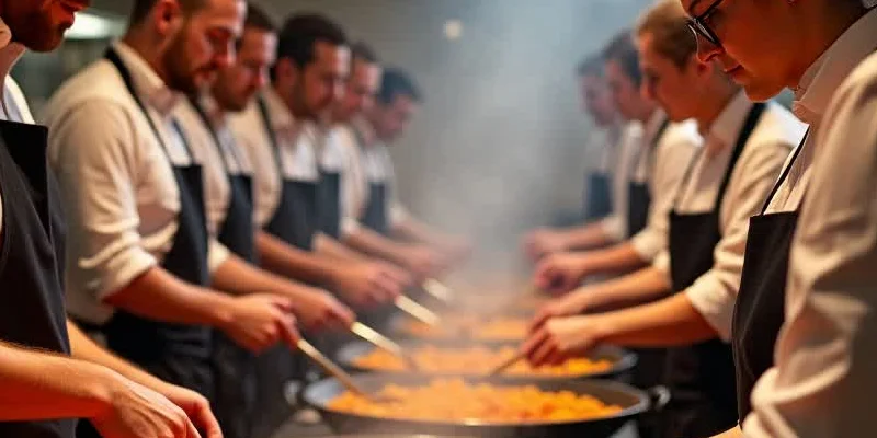 Ejectuviso participando en un taller de cocina de paella como una actividad de team building en Barcelona.